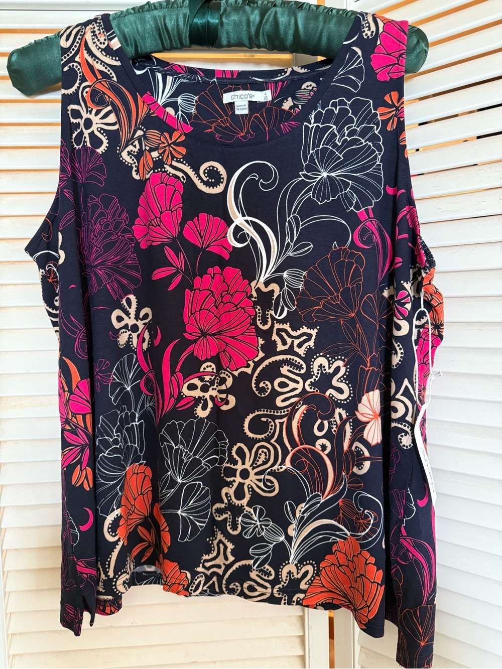 Chico's Black Floral Cold-Shoulder Tank with Pink and Orange Blooms